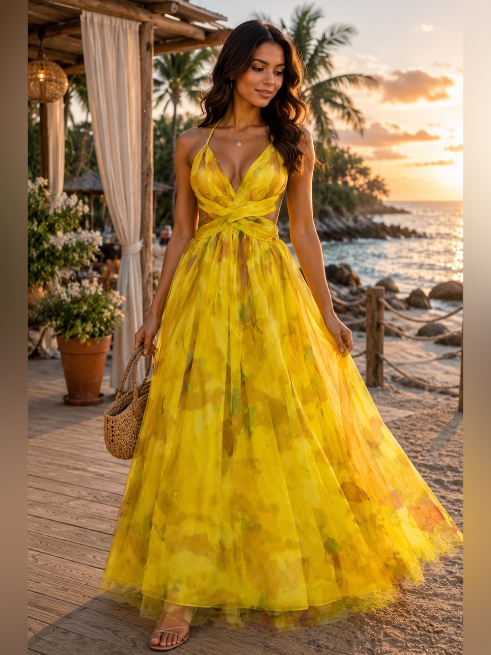 Yellow Floral Cutout Maxi Dress Resort Vacation Beach Wedding Guest M